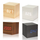USB/AAA Powered Cube LED Digital Alarm Clock Square Modern Wood Clock Thermometer Temp Date Display Calendars Desk Table Clock