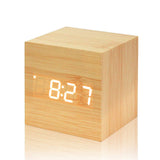 USB/AAA Powered Cube LED Digital Alarm Clock Square Modern Wood Clock Thermometer Temp Date Display Calendars Desk Table Clock