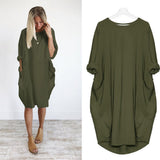 Womens Pocket Loose Dress Ladies Crew Neck Casual Long Tops Dress Plus Size