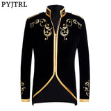 PYJTRL British Style Palace Prince Fashion Black Velvet Gold Embroidery Blazer Wedding Groom Slim Fit Suit Jacket Singers Coat