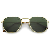 Modern Geometric Hexagonal Sunglasses Metal Slim Arms Neutral Colored Flat Lens 51mm (Gold / Green)